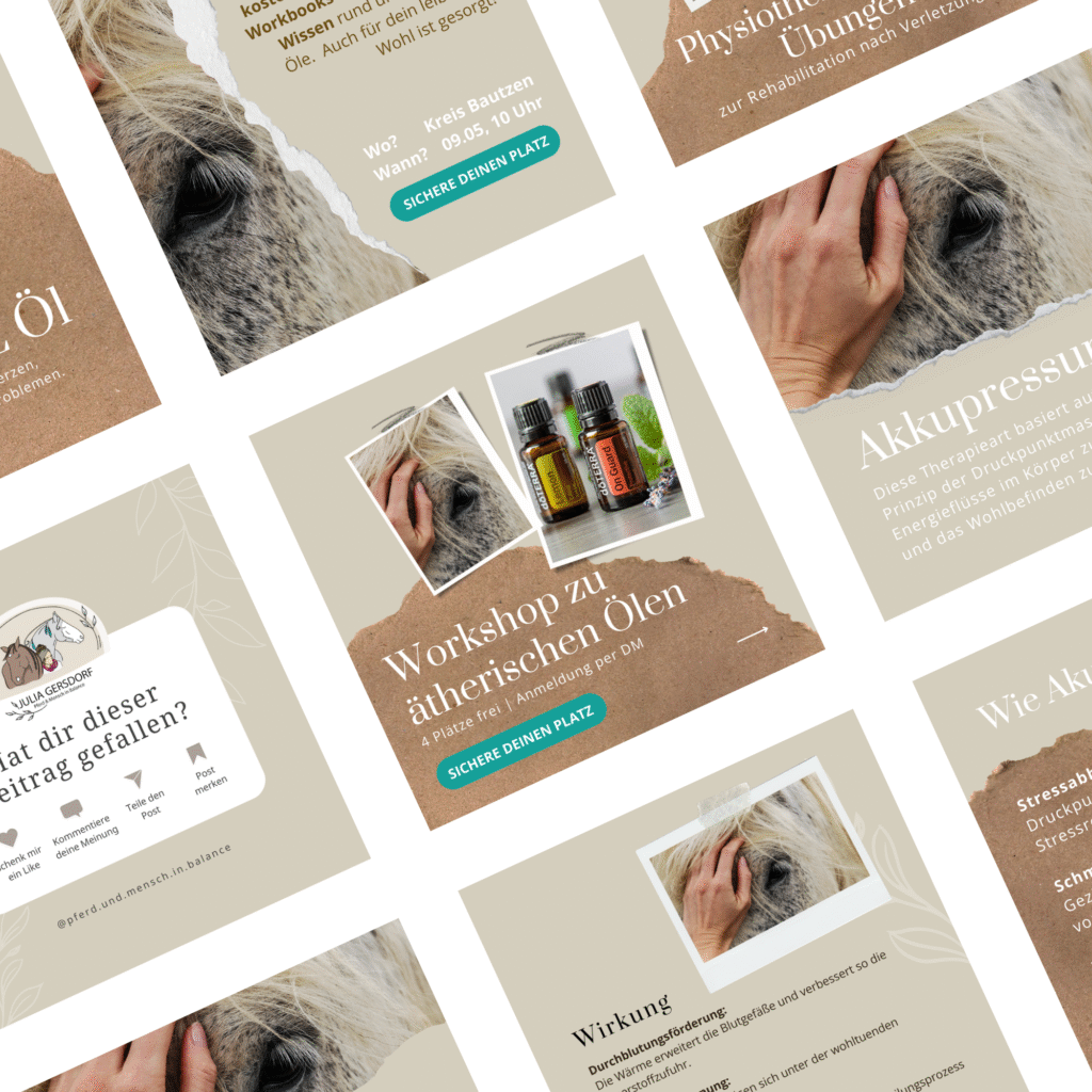 Naturnahe Social Media Templates für Julia Gersdorf mit Fokus auf ätherische Öle, Akupressur und Pferdewohlbefinden