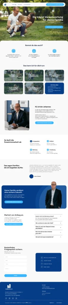 Landingpage-Design für Johannes Schlemmer mit Fokus auf Familienfinanzberatung, klarer Struktur und vertrauensvollem Auftritt