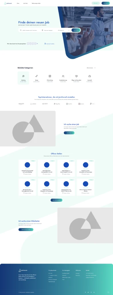 Startseite des JoinForceX-Jobportals mit Suchfunktion, Kategorien, offenen Stellen und Logos bekannter Unternehmen