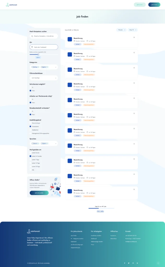 Übersichtliches Jobportal-Design für JoinForceX mit Filterfunktionen, Standortsuche und modernen UI-Elementen