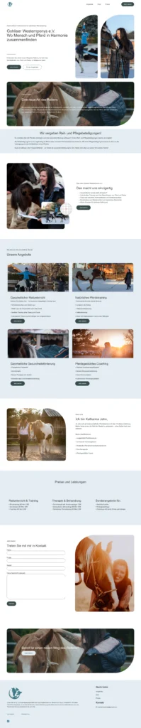Naturnahes Landingpage-Design für Katharina Jahn und Gohliser Westernponys e.V. mit Bildern von Mensch und Pferd in harmonischer Interaktion