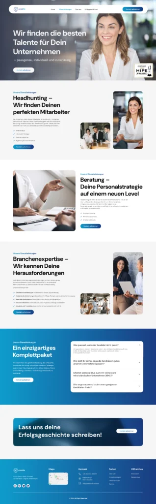 Dienstleistungsseite von Personal Blue mit Schwerpunkten auf Headhunting, Beratung und Branchenexpertise im modernen Corporate Design