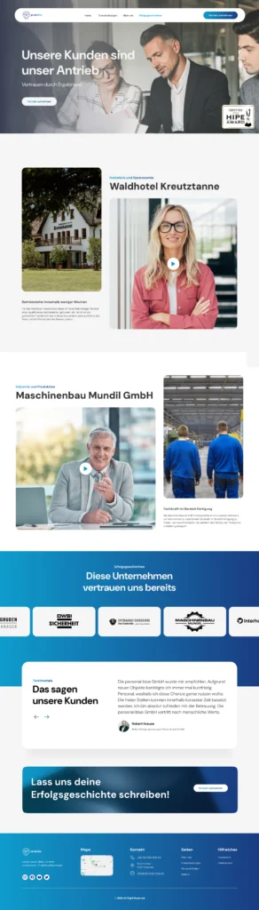 Erfolgsgeschichten-Seite von Personal Blue mit Kundenreferenzen, Projektbeispielen und Logos vertrauensvoller Partnerunternehmen