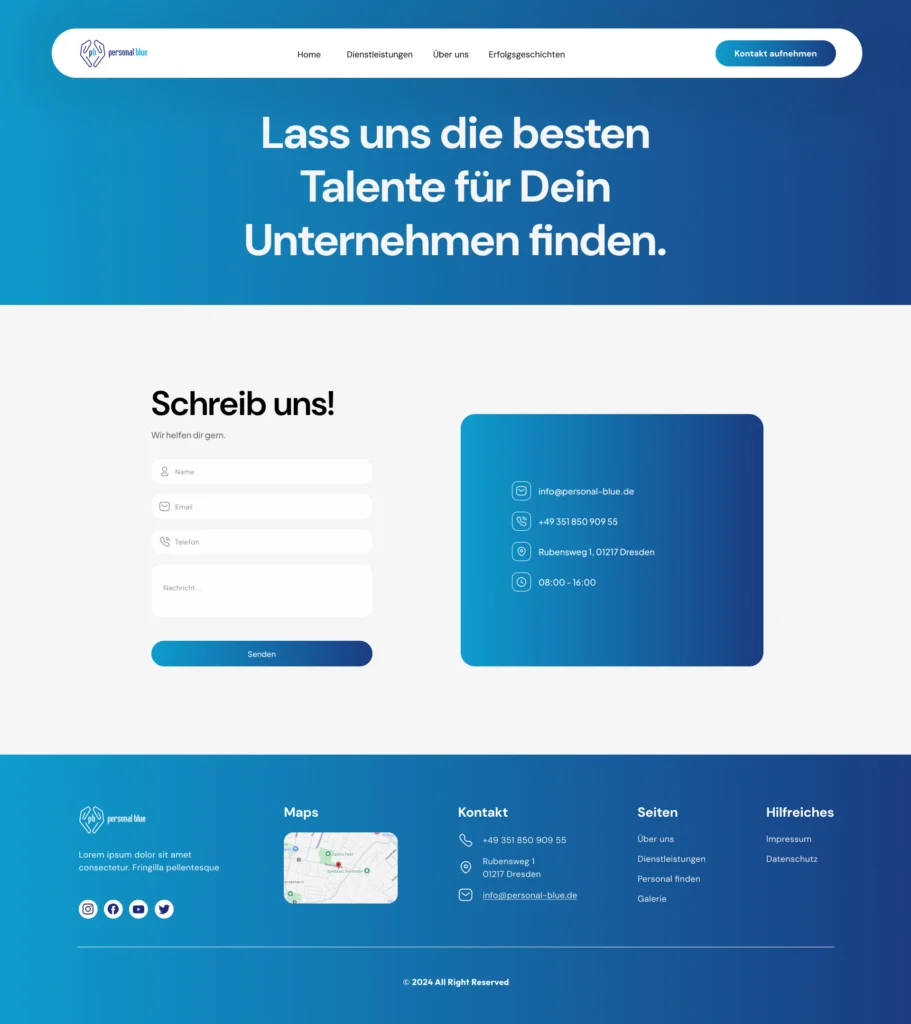 Kontaktseite des Webdesigns für Personal Blue mit Formular, Kontaktdaten und Standortkarte im modernen Blauverlauf