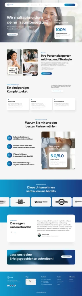 Startseite von Personal Blue mit Fokus auf individuelle Personalvermittlung, Erfolgsgarantie und Kundenbewertungen