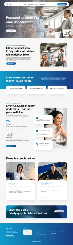 Website-Entwurf für Personal Blue mit professionellem Layout, klarer Struktur und Fokus auf Personalberatung und Recruiting