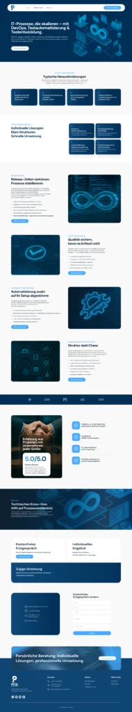 Fertiges Webdesign der Landingpage der Pita Solutions GmbH mit Fokus auf DevOps, Testautomatisierung und Toolentwicklung