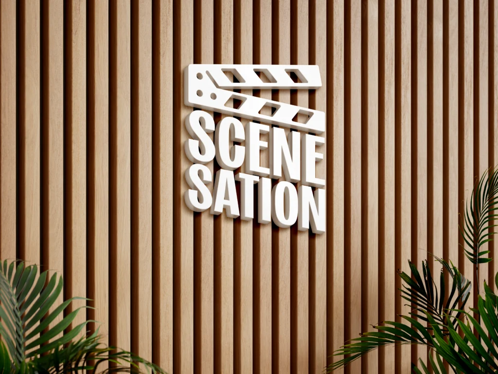 3D-Logo von SceneSation mit Clapperboard-Design auf vertikaler Holzpaneelwand